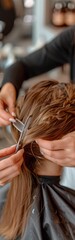 Obraz premium Focused hands navigate professional scissors and a comb, bringing creativity to life in a lively hair studio filled with colorful decor and bold hair color samples under neon lights.