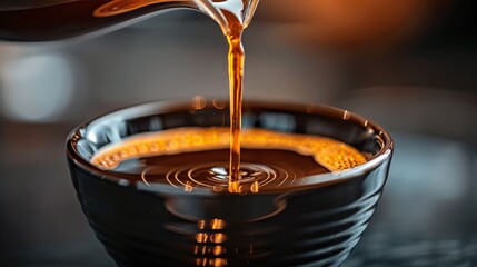 Close-up of coffee being poured into a cup, capturing the golden stream and ripples in the liquid. Warm lighting creates a glowing effect on the coffee surface, richness drink artistry pour.
