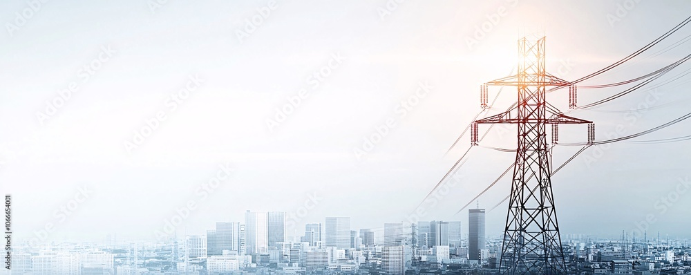 Poster a modern power grid layout overlaid on an image of a cityscape, representing innovations in net zero