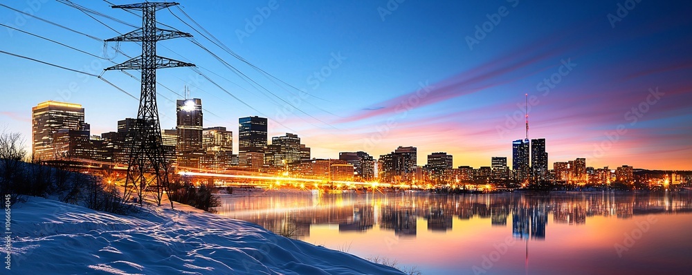 Poster a modern power grid layout overlaid on an image of a cityscape, representing innovations in net zero