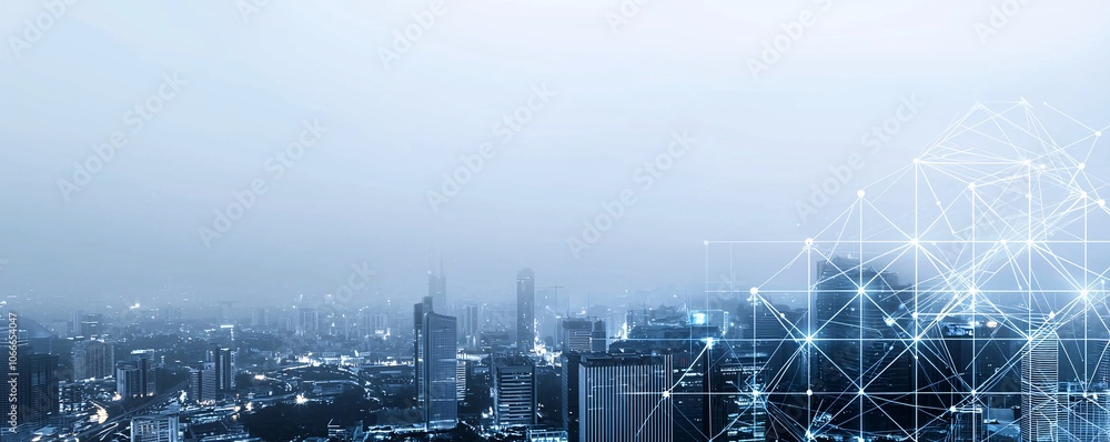 Poster a modern power grid layout overlaid on an image of a cityscape, representing innovations in net zero