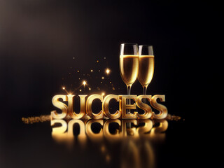 Two champagne flutes stand on top of the word "success" with sparkling lights in the background.