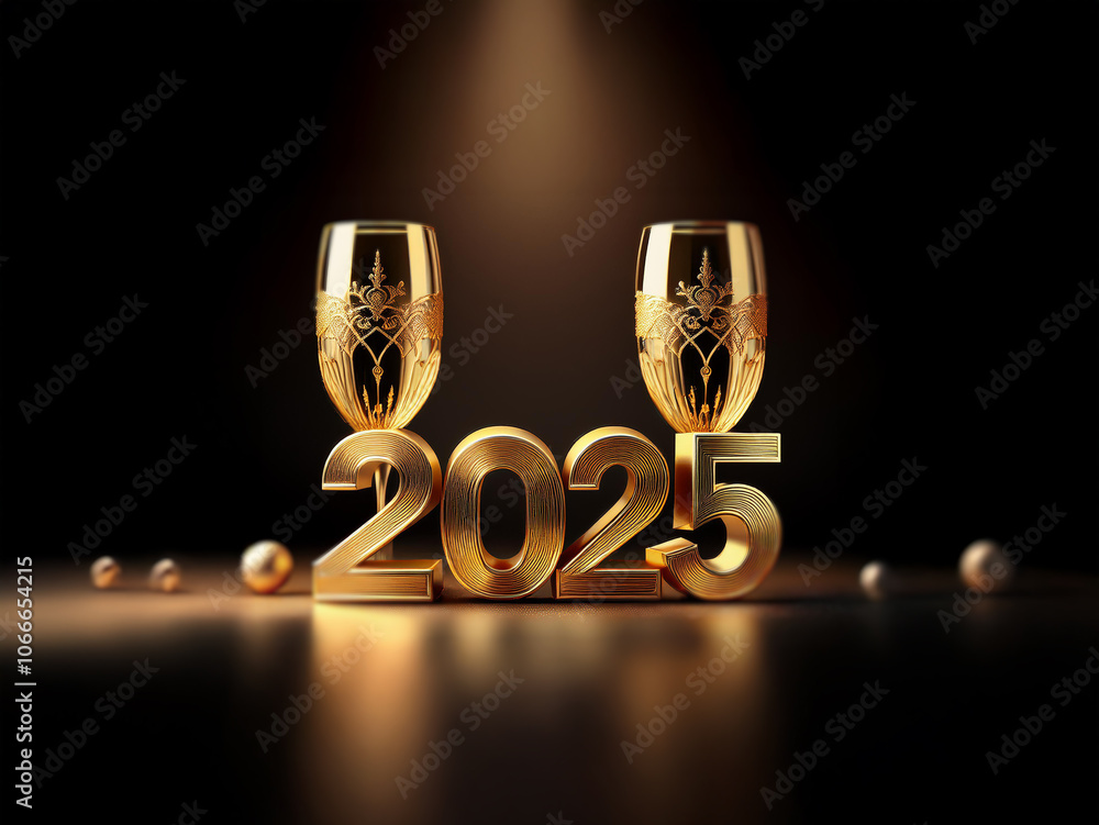 Poster two golden champagne glasses stand behind the large golden numbers 2025 on a dark background with a 
