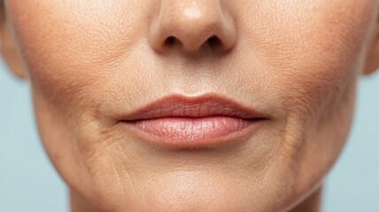 Fototapeta premium Person with noticeable fine lines around the mouth and eyes, showing early signs of aging skin fine lines, facial wrinkles, aging skin