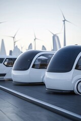 Obraz premium A futuristic urban scene powered by renewable energy with zero-emission transportation options, showcasing net zero carbon innovation. The open sky provides abundant copy space.