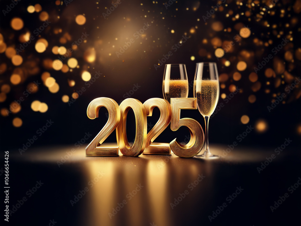 Poster two champagne flutes filled with bubbly sit next to the golden numbers 