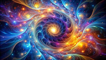 A swirling cosmic dance of vibrant energy, with ethereal tendrils reaching out into the celestial canvas.