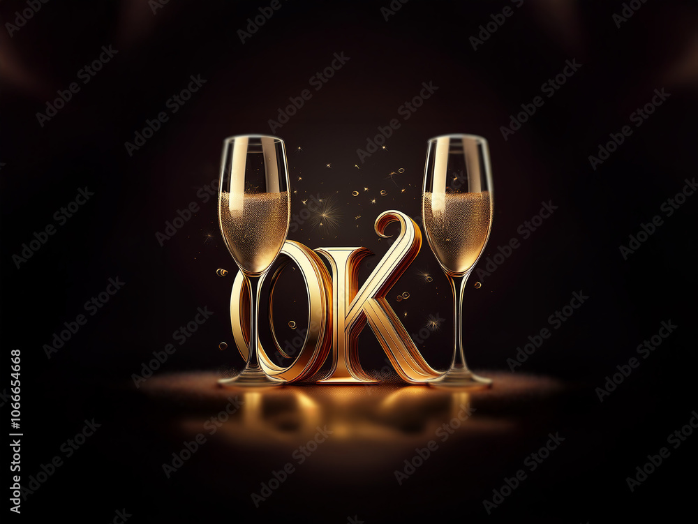 Poster two champagne flutes filled with sparkling wine stand on either side of the word 