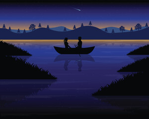 vector design of a silhouette of a night view of a lake with a starry sky, trees and grass and a couple riding a boat on the lake