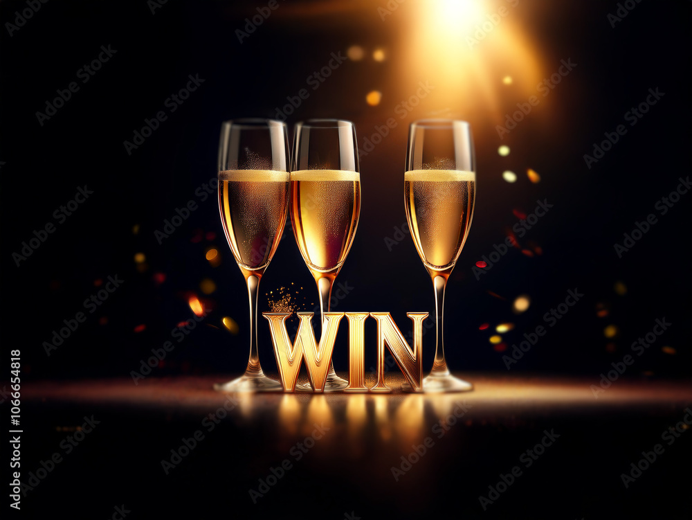 Poster Three champagne flutes sit on a dark surface, illuminated by a spotlight, with the word 