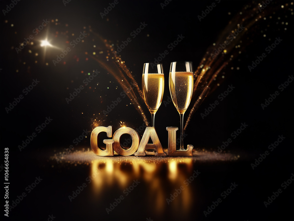Poster Two champagne flutes with sparkling gold liquid stand on top of the word 