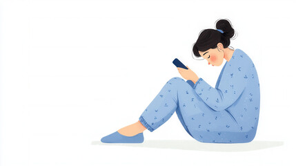 A young woman in pajamas sits on the floor, engrossed in her smartphone, conveying relaxation and personal time.