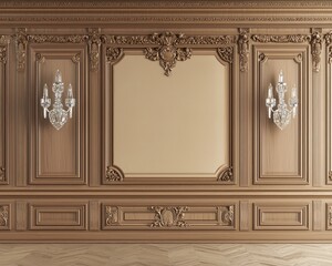 High-resolution classic room with decorative wooden elements and sconces.