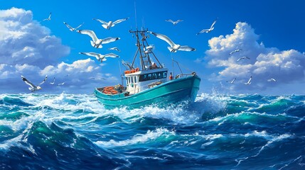 Obraz premium A Blue Fishing Boat Navigates Turbulent Waters with Seagulls Flying Overhead
