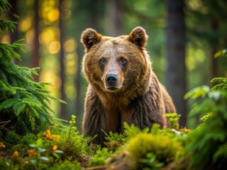 Fototapeta premium European Brown Bear Foraging in the Forest: Wildlife Encounter in Natural Habitat, Captivating Nature Photography
