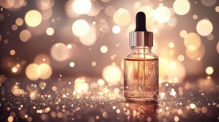 A close-up of a glass dropper bottle filled with liquid, surrounded by shimmering bokeh lights, suggesting beauty or skincare use.