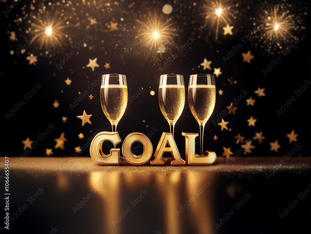 Poster Three champagne flutes filled with sparkling wine are set on a table, with the word 