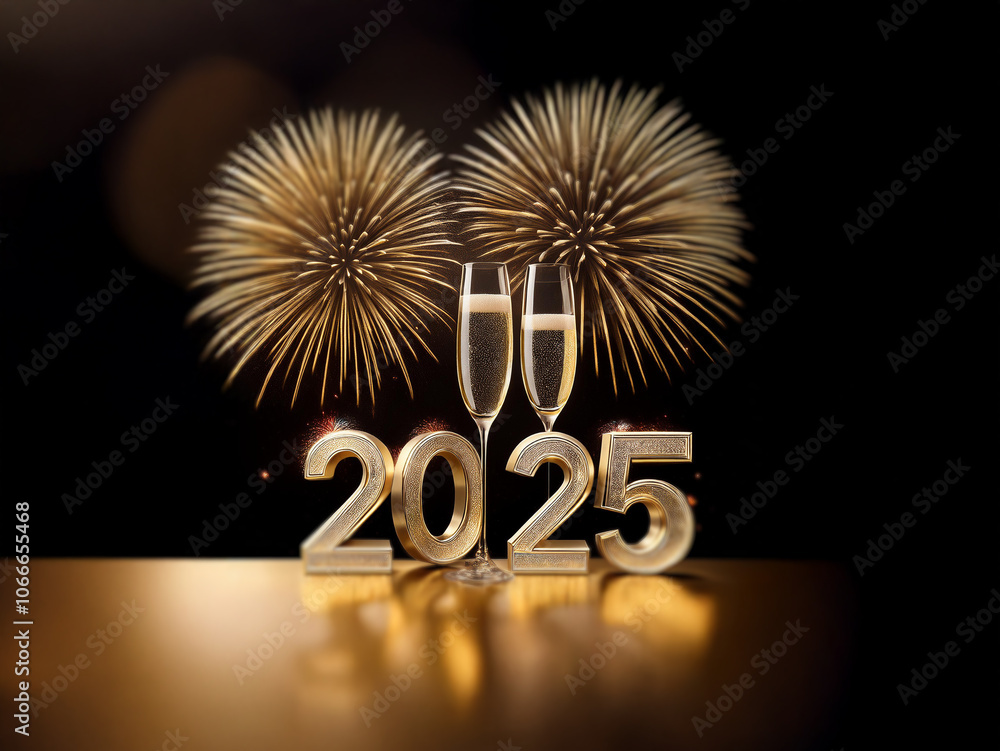 Poster Two champagne flutes stand in front of the number 2025 with fireworks exploding in the background.