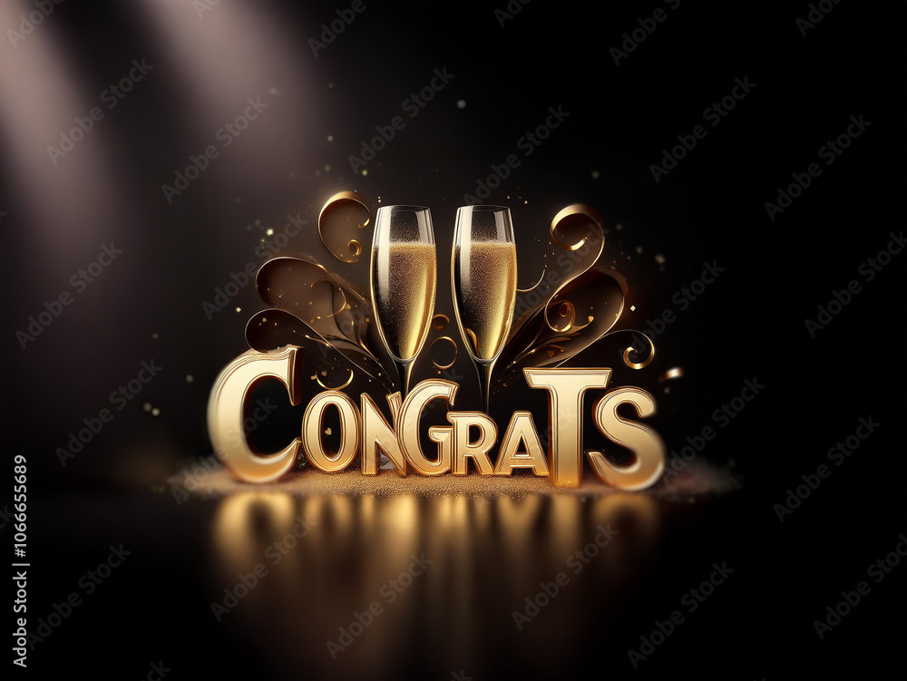 Poster two champagne flutes with golden liquid stand in front of the word 