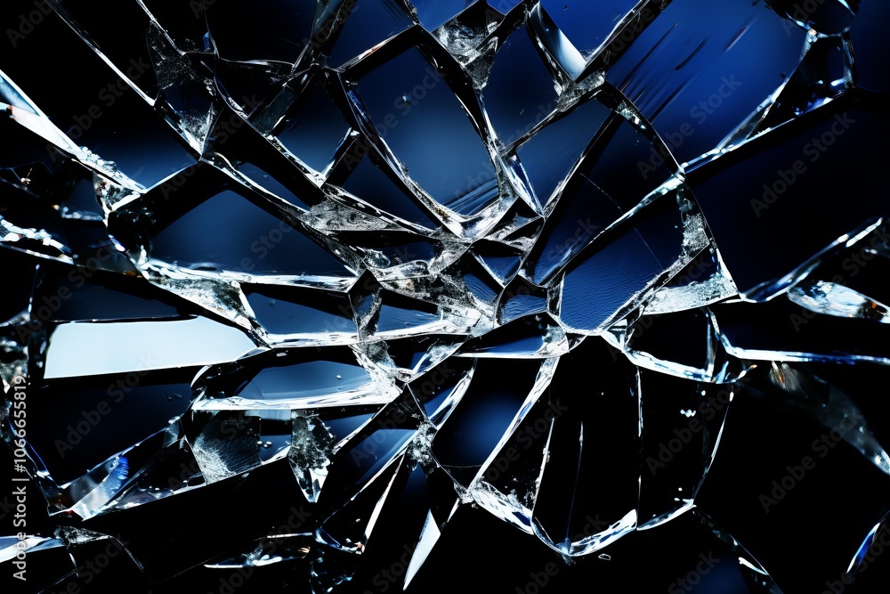 Poster shattered glass close-up showcasing sharp edges and intricate patterns against a dark background