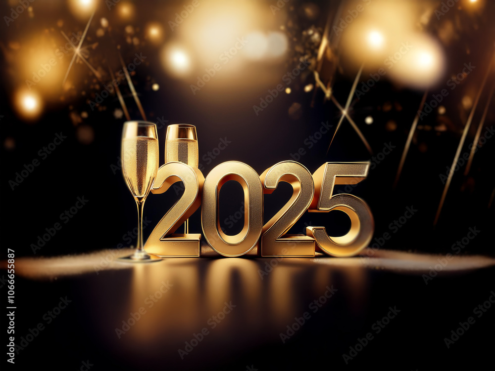 Poster Gold 2025 numerals stand on a reflective surface, with two champagne glasses.  The background features sparkling lights.