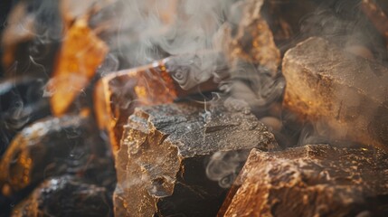 Steam rises from the hot rocks in the sauna creating a warm and humid atmosphere.