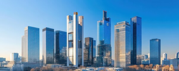 Obraz premium Stunning city skyline featuring iconic buildings against a bright blue sky, showcasing urban beauty and architectural marvels.