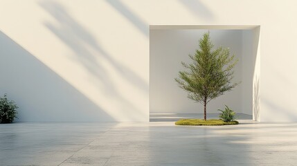 A single tree stands in a white room with a square opening, casting long shadows on the wall.