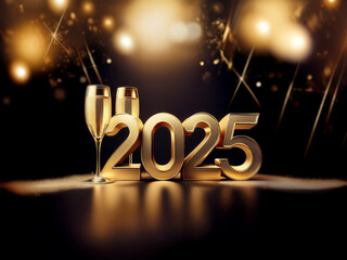 Gold 2025 numerals stand on a reflective surface, with two champagne glasses.  The background features sparkling lights.