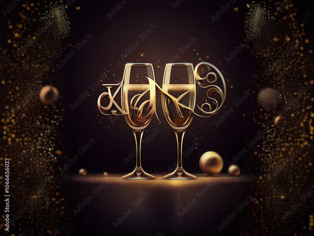 Poster Two champagne flutes filled with sparkling wine stand on a dark background with golden fireworks and orbs.