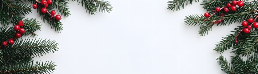 Obraz premium Green Pine Branches with Red Berries on White Background