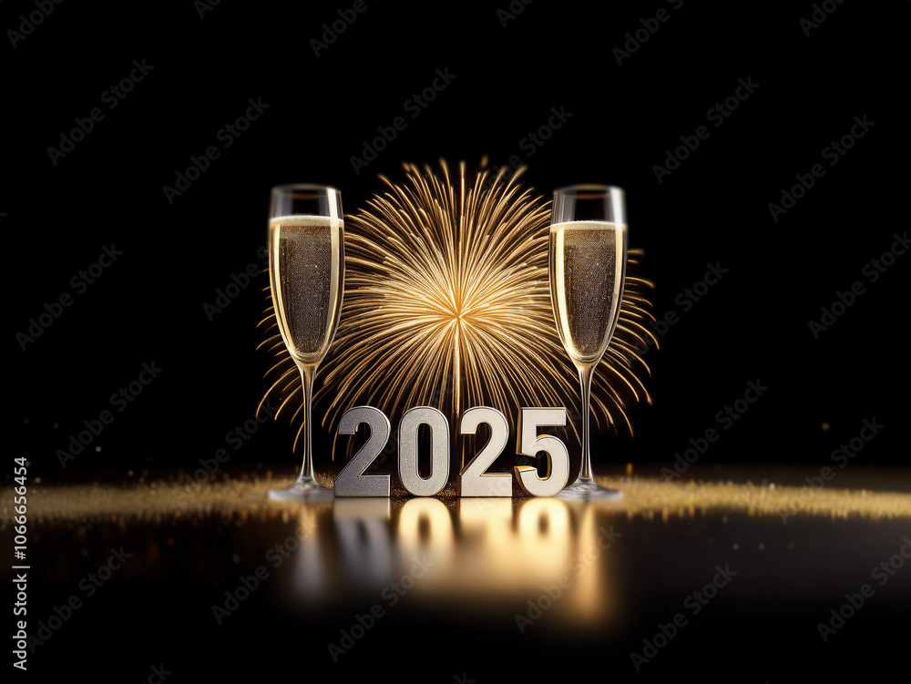 Poster Two champagne flutes stand before a sparkling firework display and the number 2025.