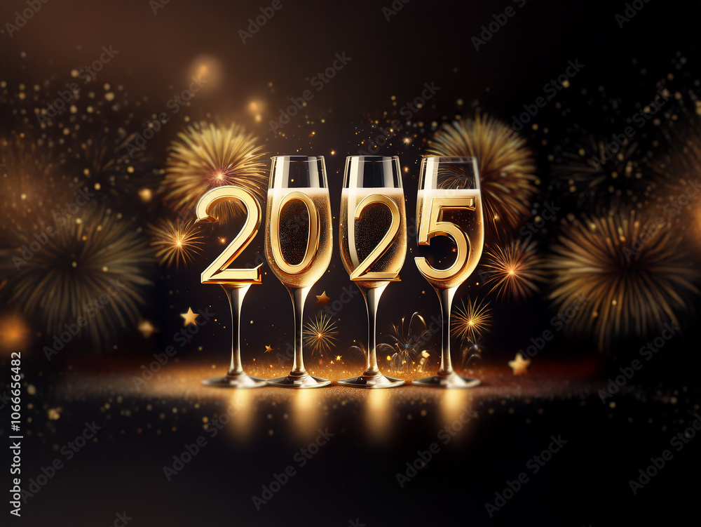 Poster four champagne flutes with the numbers 2025 formed by the glasses stand in front of sparkling gold f