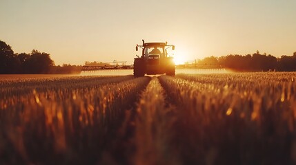 Fototapeta premium Tractor spraying on a field at sunset wide-angle
