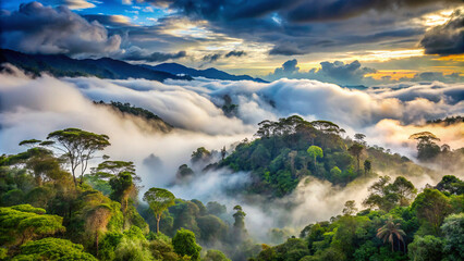 landscape with fog. landscape, mountain, sky, lake, nature, mountains, clouds, water, cloud, view, green, travel, hill, snow, reflection, summer, fog, sea, forest, valley, sunrise, panorama, morning, 