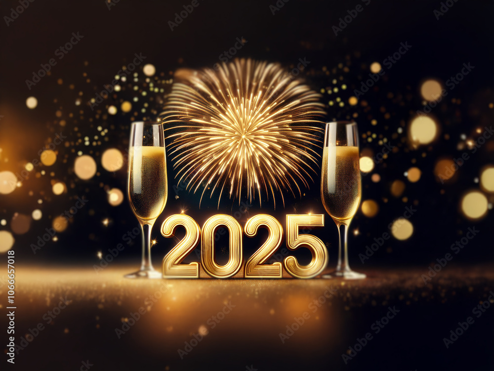 Poster two champagne flutes stand on a sparkling surface, flanking gold 
