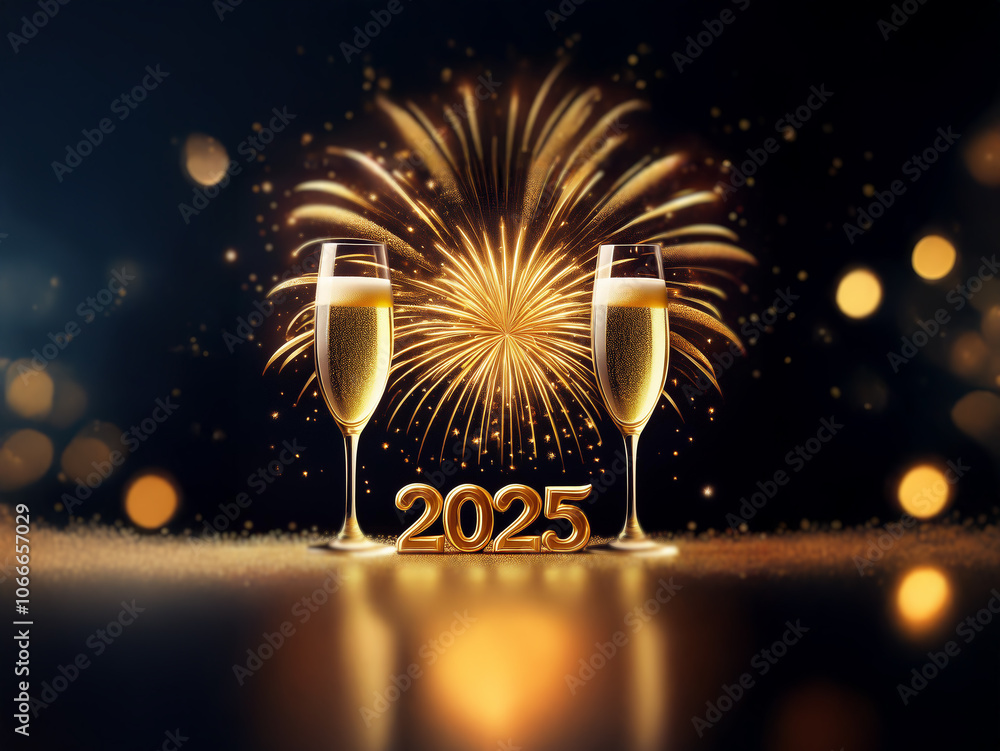 Poster two champagne flutes stand before the golden numerals 2025, illuminated by a sparkling firework disp