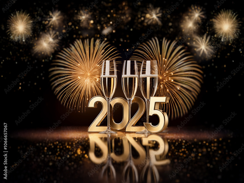 Poster Three champagne flutes sit in front of the golden number 2025 with fireworks exploding in the background.