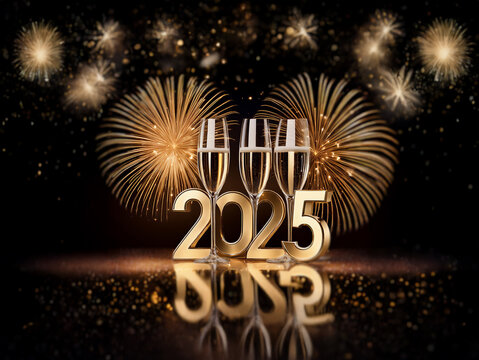 Three champagne flutes sit in front of the golden number 2025 with fireworks exploding in the background.