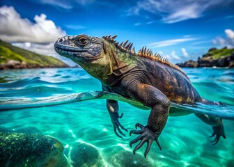 Galapagos marine iguana, profile, swimming in ocean.