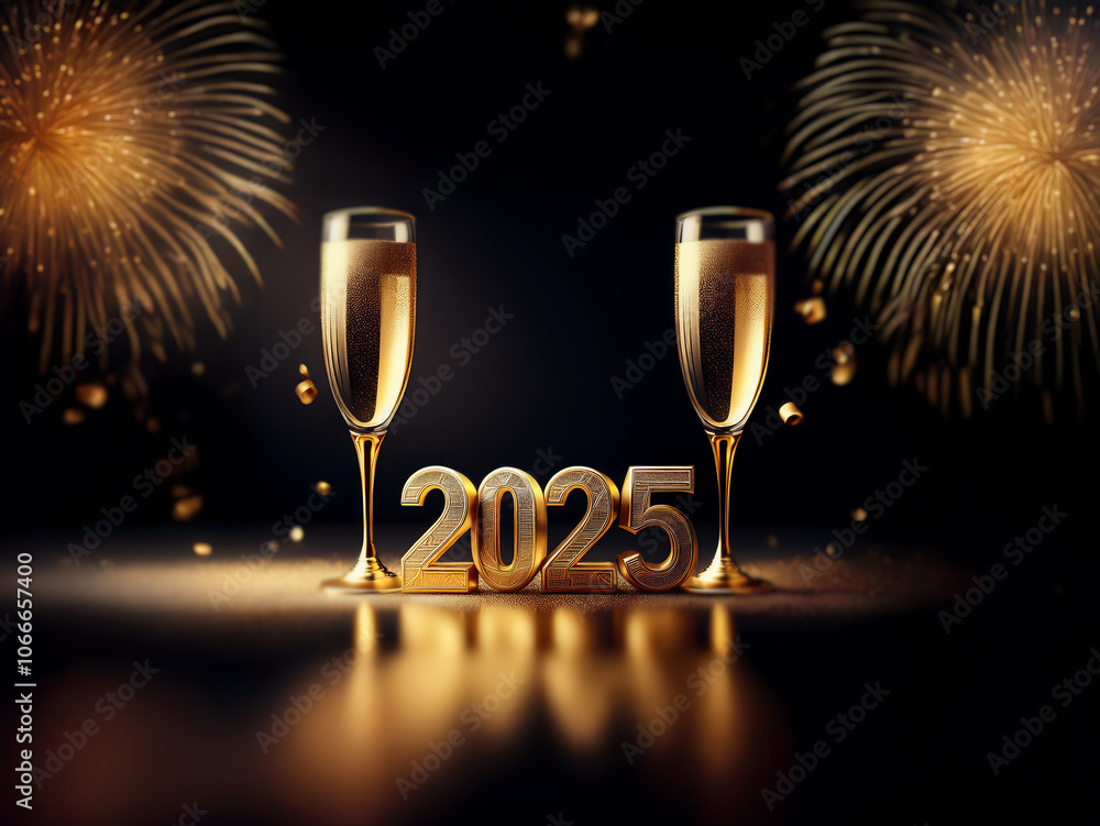 Poster Two champagne flutes sit in front of the year 2025 with fireworks exploding in the background.