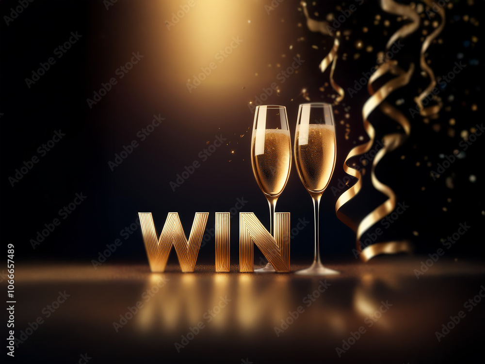 Poster Two champagne flutes with golden confetti and ribbons in the background and the word win in gold.