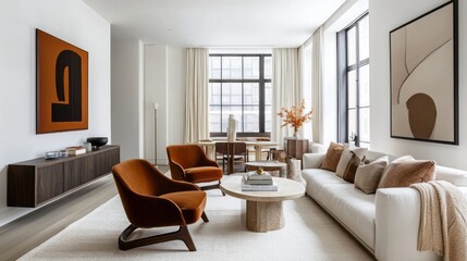 Fototapeta premium Modern living room with a white sofa, two orange armchairs, and a coffee table with a book on top