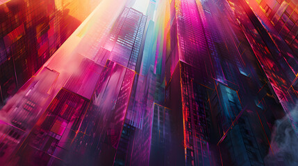 Fototapeta premium Abstract Cityscape with Towering Shapes and Vibrant Lights on Dark Background