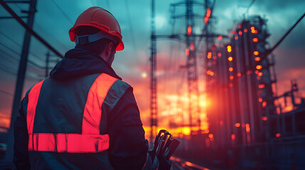 Worker in Reflective Vest and Hard Hat Standing in Front of Construction Site
