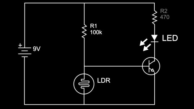 Transistor npn schematic use for switch electronic with LED symbol vector on black background animation