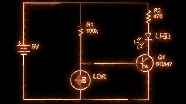  Neon Transistor npn schematic use for switch electronic with LED symbol vector on black background animation