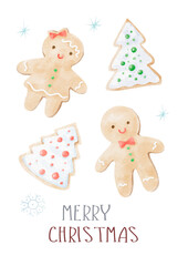 Fototapeta premium Christmas Watercolor Hand Drawn Card Gingerbread Men