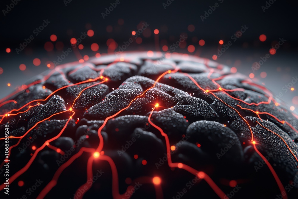 Poster abstract representation of a brain with glowing neural connections on a dark background.