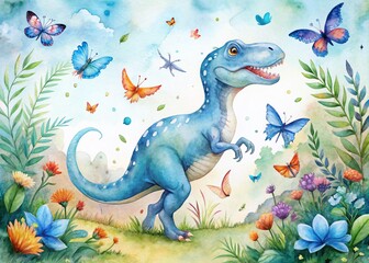 Hand Drawn Watercolor Blue Dinosaur with Butterfly - Enchanting Long Exposure Nature Scene for Kids' Artwork, Illustrations, and Educational Themes